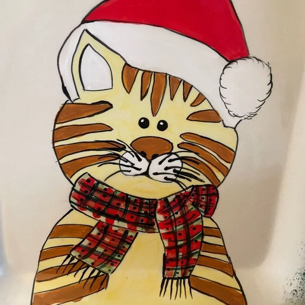 Ceramic Large Vintage Orange Cat Santa Serving Platter 13x13!